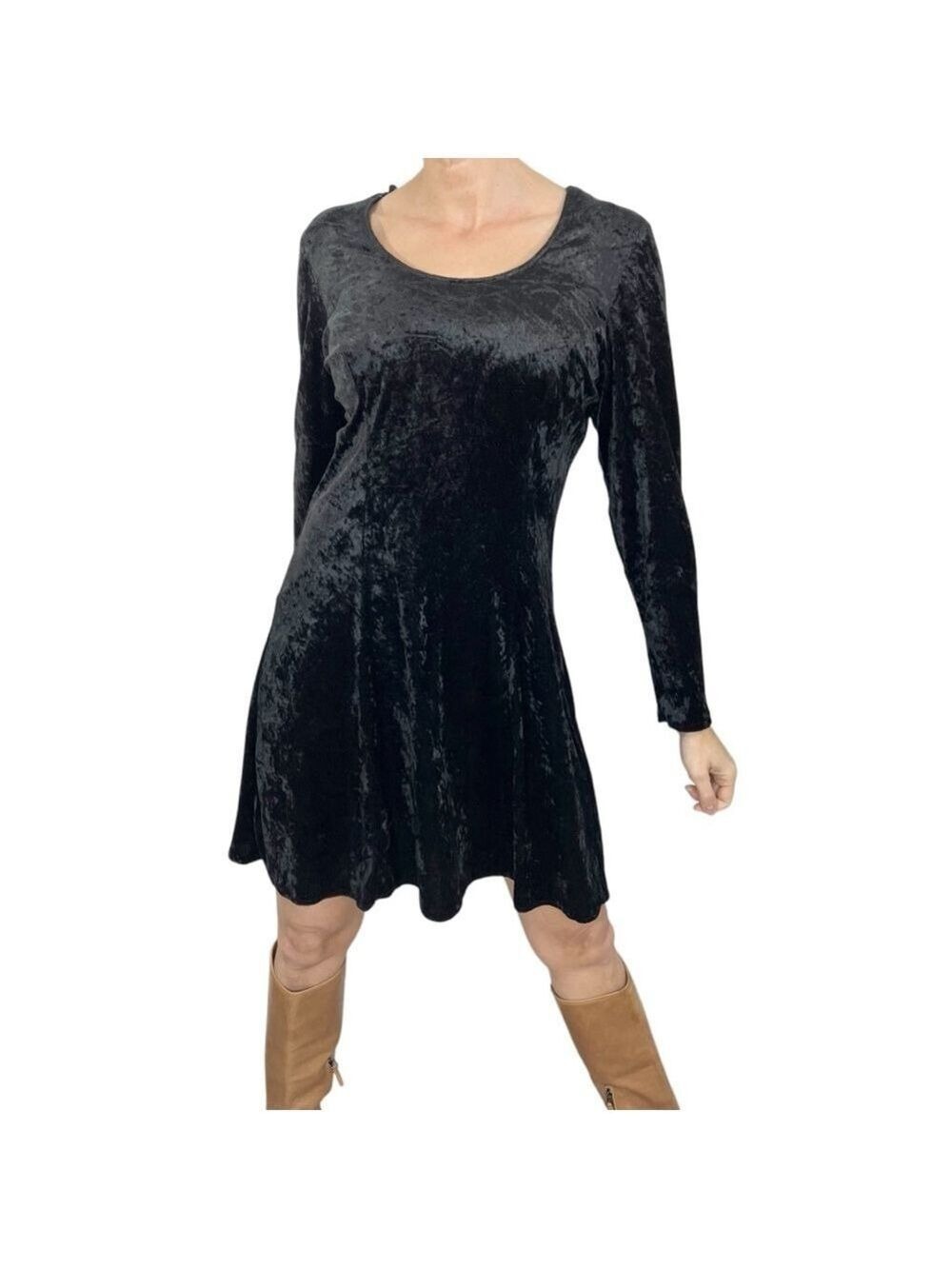Vintage 90s black stretch velour minimalist long sleeve fit and flare dress 13